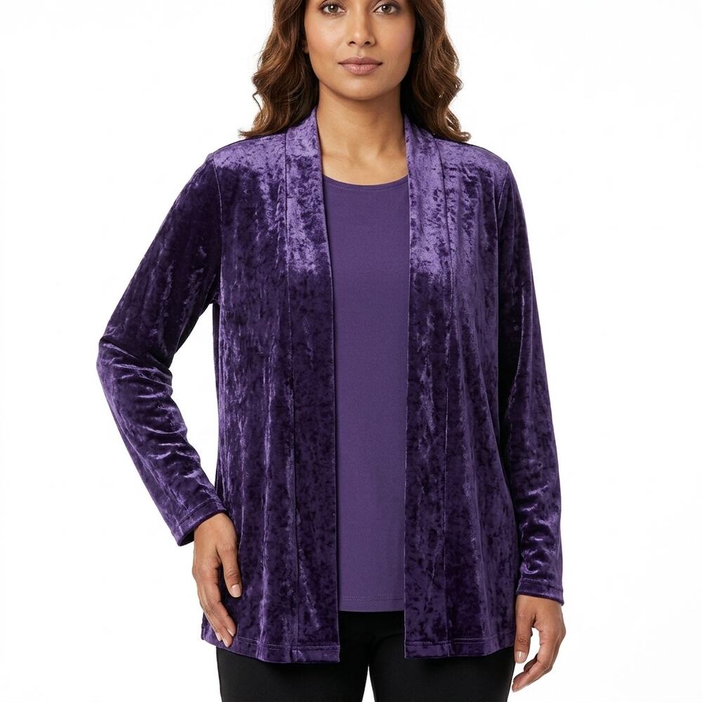 N Touch Purple Velvet Open Front Cardigan Sweater Women Size L